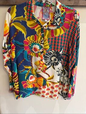 Johnny Was Multicolor Floral Button-Up Silk Blouse SZ Small